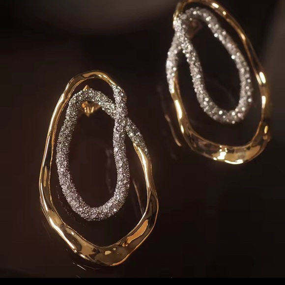 Golden Waves Crystal Double Oval Statement Earrings - Picture 7 of 11